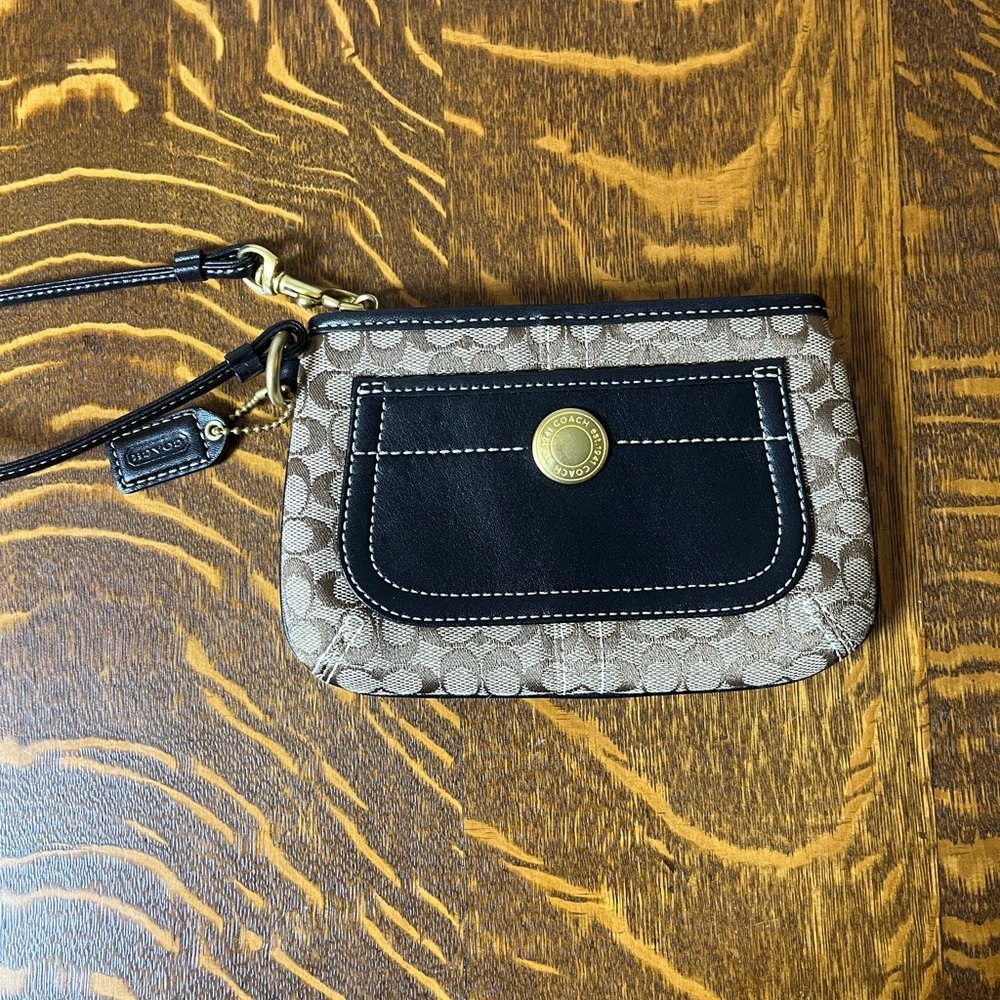 Coach Signature Brown Canvas and Black Leather  Wristlet